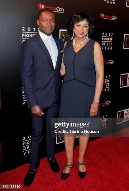 David Oyelowo and Cheryl Boone Isaacs attend the 2017 Will Rogers Pioneer of the Year dinner honoring Cheryl Boone Isaacs during CinemaCon at Caesars...