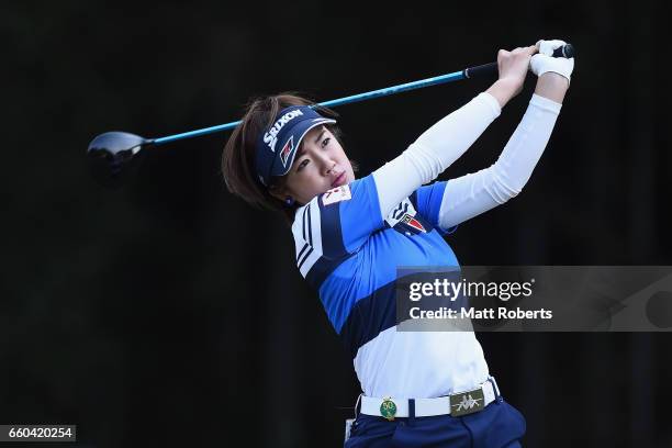 Miyuki Takeuchi of Japan hits her tee shot on the fifth hole during the first round of the YAMAHA Ladies Open Katsuragi at the Katsuragi Golf Club...