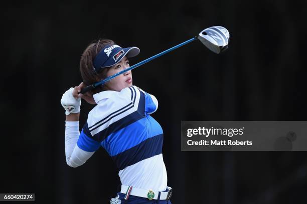 Miyuki Takeuchi of Japan hits her tee shot on the fifth hole during the first round of the YAMAHA Ladies Open Katsuragi at the Katsuragi Golf Club...