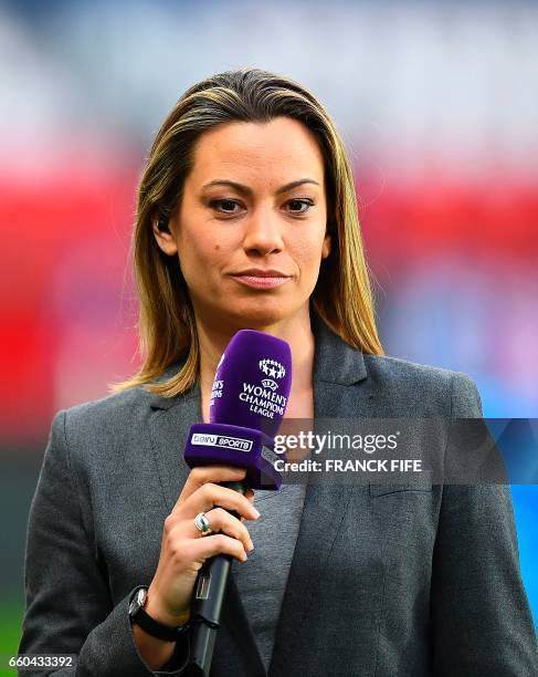 French journalist Anne-Laure Bonnet looks on prior to the UEFA Women's Champions League quarter-final second leg football match between Paris...