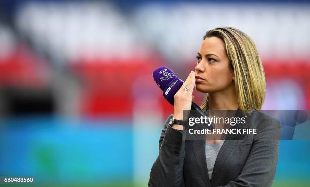 French journalist Anne-Laure Bonnet is pictured prior to the UEFA Women's Champions League quarter-final second leg football match between Paris...