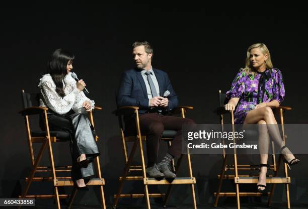 Actress Sofia Boutella, director David Leitch and actress Charlize Theron speak at the Universal Pictures' presentation during CinemaCon at The...