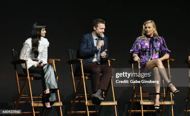 Actress Sofia Boutella, director David Leitch and actress Charlize Theron speak at the Universal Pictures' presentation during CinemaCon at The...