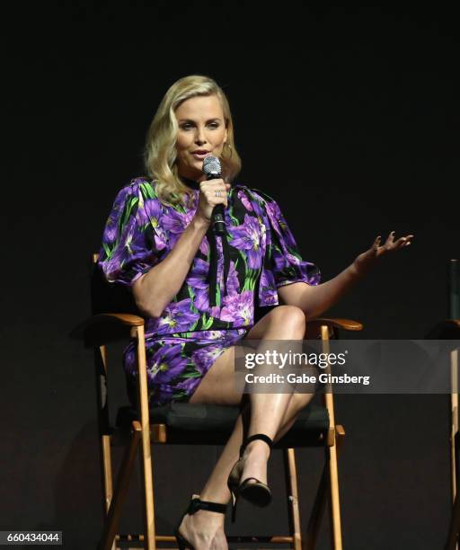 Actress Charlize Theron speaks at the Universal Pictures' presentation during CinemaCon at The Colosseum at Caesars Palace at on March 29, 2017 in...