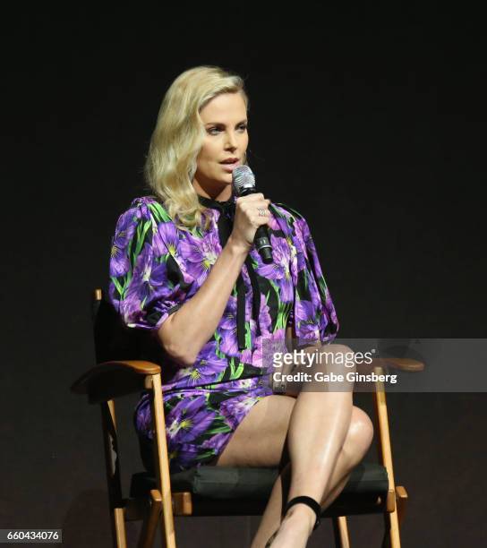 Actress Charlize Theron speaks at the Universal Pictures' presentation during CinemaCon at The Colosseum at Caesars Palace at on March 29, 2017 in...