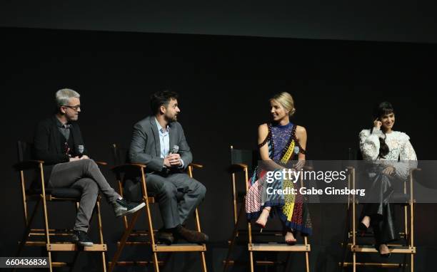 Director Alex Kurtzman, actor Jake Johnson, actresses Annabelle Wallis and Sofia Boutella speak at the Universal Pictures' presentation during...