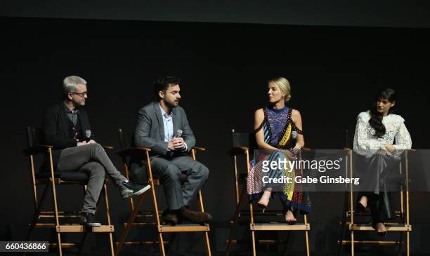 Director Alex Kurtzman, actor Jake Johnson, actresses Annabelle Wallis and Sofia Boutella speak at the Universal Pictures' presentation during...