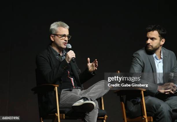 Director Alex Kurtzman and actor Jake Johnson speak at the Universal Pictures' presentation during CinemaCon at The Colosseum at Caesars Palace at on...