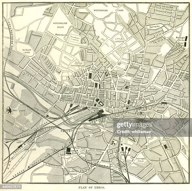 stockillustraties, clipart, cartoons en iconen met plan van leeds (victoriaanse gravure) - west yorkshire