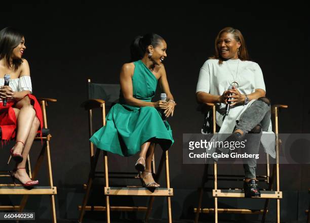 Actresses Regina Hall, Jada Pinkett Smith and Queen Latifah speak at the Universal Pictures' presentation during CinemaCon at The Colosseum at...