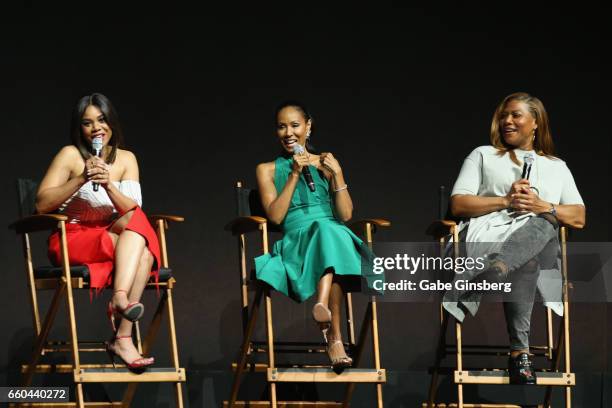 Actresses Regina Hall, Jada Pinkett Smith and Queen Latifah speak at the Universal Pictures' presentation during CinemaCon at The Colosseum at...