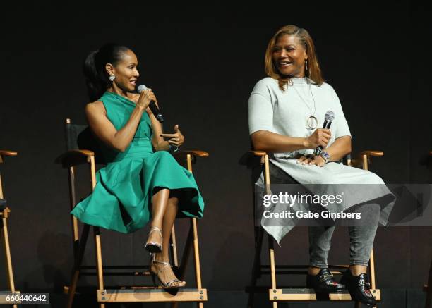 Actresses Jada Pinkett Smith and Queen Latifah speak at the Universal Pictures' presentation during CinemaCon at The Colosseum at Caesars Palace at...