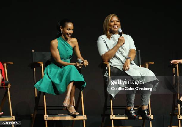 Actresses Jada Pinkett Smith and Queen Latifah speak at the Universal Pictures' presentation during CinemaCon at The Colosseum at Caesars Palace at...
