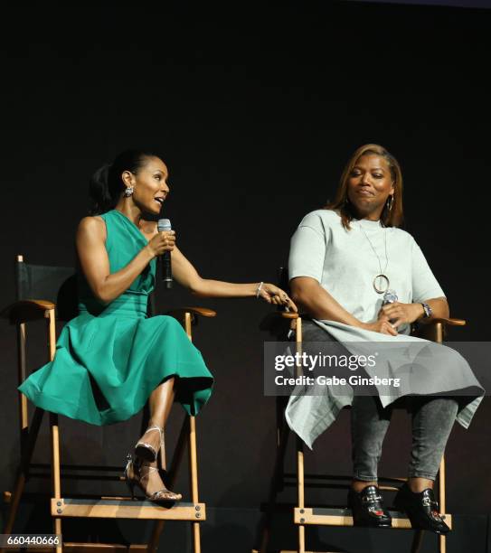 Actresses Jada Pinkett Smith and Queen Latifah speak at the Universal Pictures' presentation during CinemaCon at The Colosseum at Caesars Palace at...