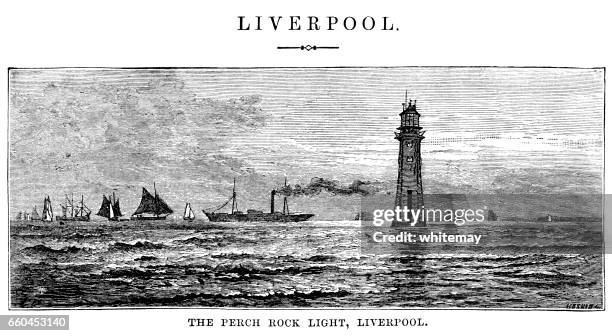 perch rock lighthouse, liverpool (victorian engraving) - river mersey stock illustrations