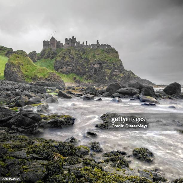 oude dunluce castle op een klif, ierland - dunluce castle stockfoto's en -beelden