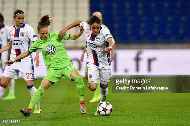 Ewa Pajor of Wolfsburg, Amel Majri of Lyon during the Women's Champions League match between Lyon and Wolfsburg at Gerland Stadium on March 29, 2017...