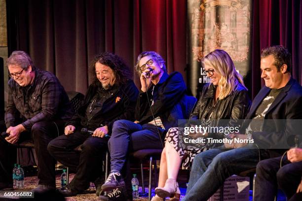 Rand Foster, Marc Weinstein, Dean Wareham, Jo Ann Thrailkill and Zev Feldman speak during Celebrating 10 Years of Record Store Day at The GRAMMY...