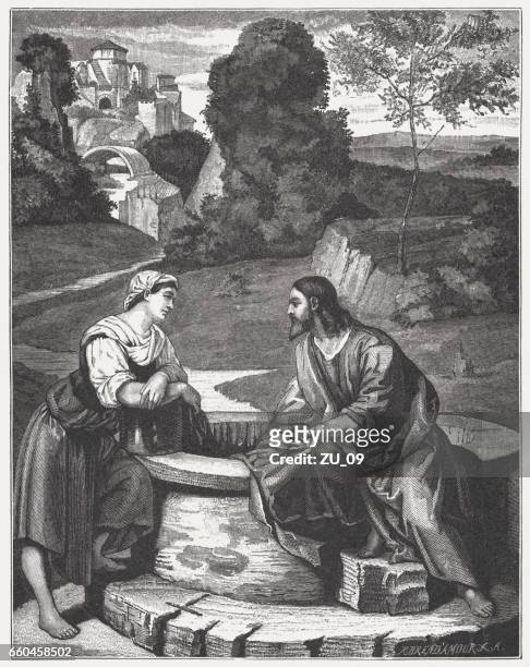 christ and the samaritan woman, painted (c.1520) by alessandro moretto - samaria rice stock illustrations