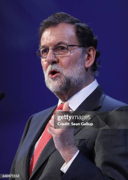 Spanish Prime Minister Mariano Rajoy speaks at the European People's Party Congress on March 30, 2017 in San Giljan, Malta. The EPP, which includes...