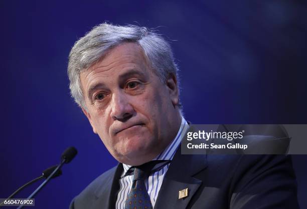 European Parliament President Antonio Tajani speaks at the European People's Party Congress on March 30, 2017 in San Giljan, Malta. The EPP, which...