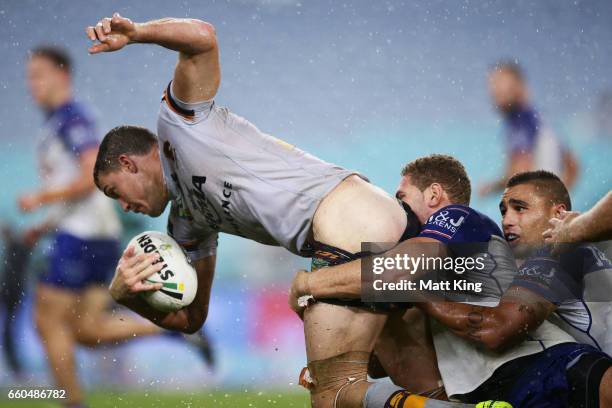 Corey Oates of the Broncos is tackled by Brenko Lee of the Bulldogs during the round five NRL match between the Canterbury Bulldogs and the Brisbane...