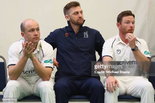 Jonathan Trott and Ian Bell of Warwickshire alongside Director of Cricket, Jim Troughton during the Warwickshire County Cricket photocall at...