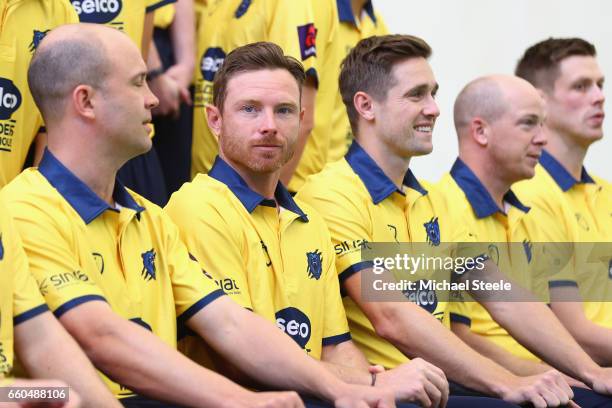 Ian Bell the captain of Warwickshire alongside Jonathan Trott and Chris Woakes in the Birmingham Bears NatWest T20 Blast kit during the Warwickshire...