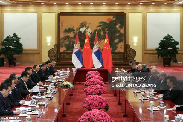 Chinese President Xi Jinping meets with Serbian President Tomislav Nikolic at the Great Hall of the People in Beijing on March 30, 2017. Nikolic will...