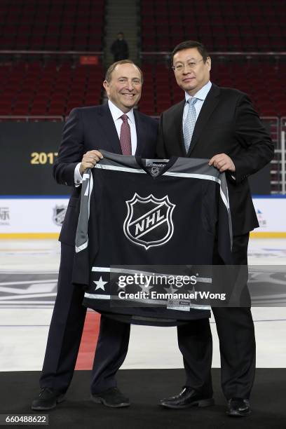 Commissioner Gary Bettman and Chairman of ORG Packaging CO., LTD. Zhou Yunjie attend the NHL Announcement in China at LeSports Center on March 30,...