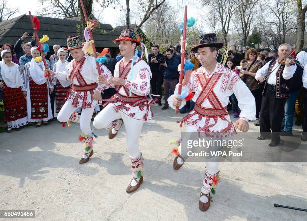 Group of traditional dancers perform for the Prince of Wales at the Village Museum on the second day of his nine day European tour on March 30, 2017...
