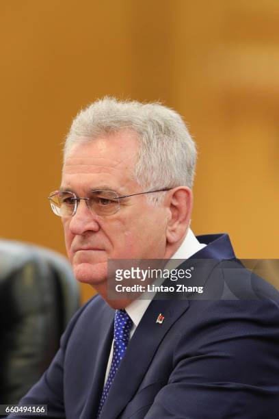 Serbian President Tomislav Nikolic meets with Chinese President Xi Jinping at the Great Hall of the People on March 30, 2017 in Beijing, China. At...