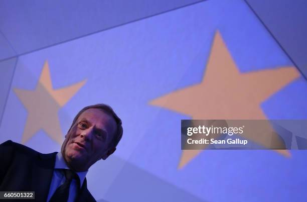 European Council President Donald Tusk departs at the conclusion of the European People's Party Congress on March 30, 2017 in San Giljan, Malta. The...