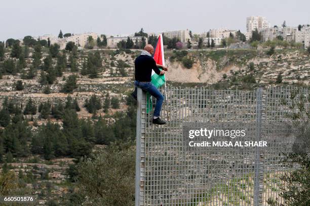 Palestinian man plants his national flag atop an iron fence, setup by Israeli security forces, between the Palestinian village of Beit Jala and the...