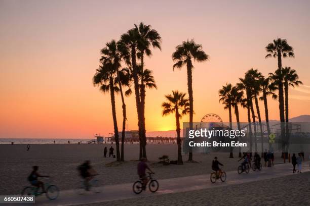people ride bikes and walk along the beach at sunset in santa monica, california. - los angeles california fotografías e imágenes de stock