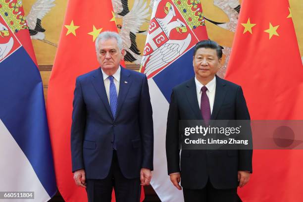 Chinese President Xi Jinping with Serbian President Tomislav Nikolic attend a honorary citizenship ceremony for Tomislav Nikolic at the Great Hall of...