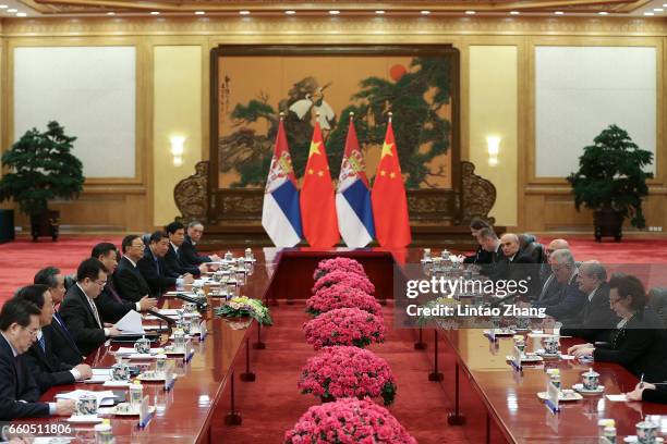 Chinese President Xi Jinping meets with Serbian President Tomislav Nikolic at the Great Hall of the People on March 30, 2017 in Beijing, China. At...