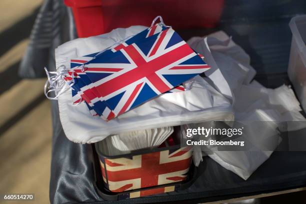 British union flag, or Union Jack, bunting sits inside a mobile tradition Cornish pastie van, Rolling Pasties, outside the European Council in...
