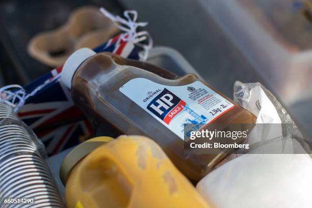 Bottle of HP Sauce sits on display inside a mobile Cornish pastie van, Rolling Pasties, outside the European Council in Brussels, Belgium, on...