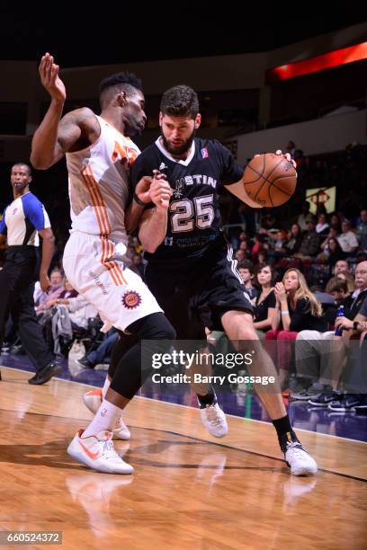 Patricio Garino of the Austin Spurs drives to the basket against the Northern Arizona Suns on March 29, 2017 at Prescott Valley Event Center in...