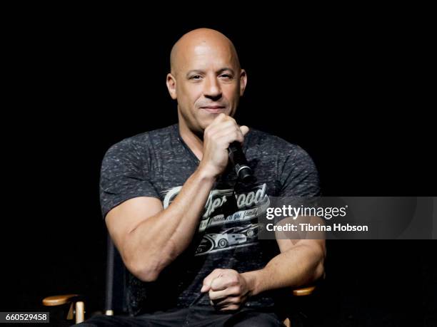 Actor Vin Diesel speaks onstage at Universal Pictures' presentation featuring footage from its upcoming slate at The Colosseum at Caesars Palace...
