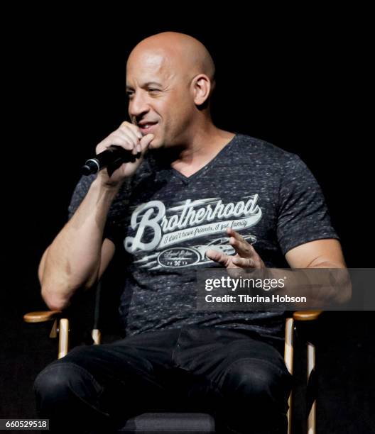 Actor Vin Diesel speaks onstage at Universal Pictures' presentation featuring footage from its upcoming slate at The Colosseum at Caesars Palace...