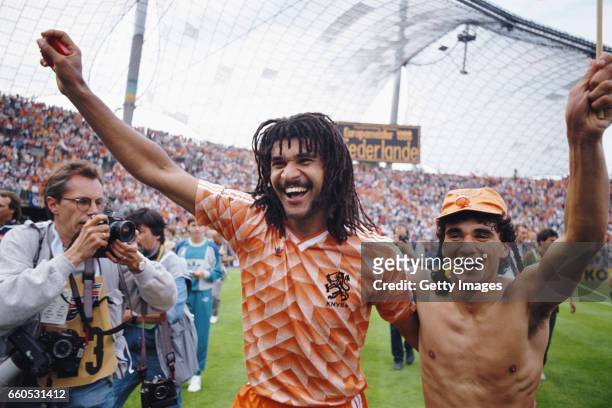 Netherlands players Ruud Gullit and Gerald Vanenburg celebrate after their 2-0 victory in the 1988 European Championships Final against USSR at...