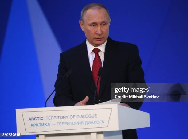 Russian President Vladimir Putin speeches during the International Arctic Forum "Arctic: Territory of dialogue" iMarch 30, 2017 in Arkhangelsk,...