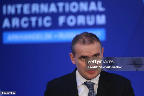 Iceland's President Guoni Th. Johanesson speeches during the International Arctic Forum "Arctic: Territory of dialogue" iMarch 30, 2017 in...