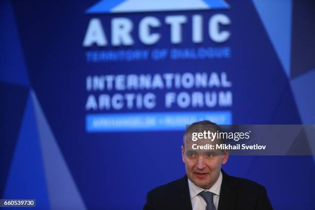 Iceland's President Guoni Th. Johanesson speeches during the International Arctic Forum "Arctic: Territory of dialogue" iMarch 30, 2017 in...