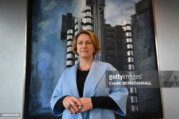 Lloyds of London Chief Executive Officer, Inga Beale poses for a photograph in her office in the City of London on March 30 following an interview...