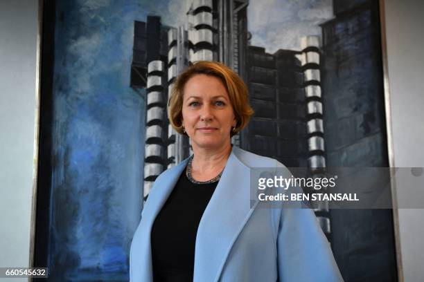 Lloyds of London Chief Executive Officer, Inga Beale poses for a photograph in her office in the City of London on March 30 following an interview...