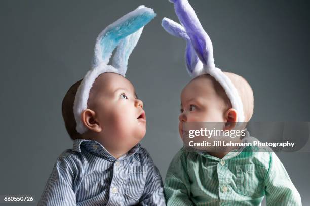 Fraternal Twin Brothers Wear Easter Rabbit Ears for Easter
