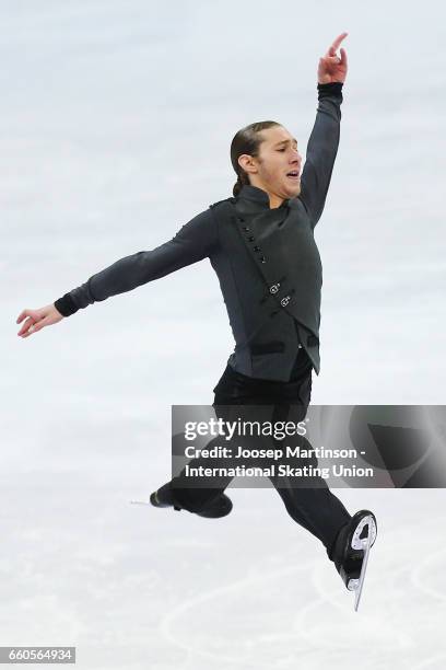 Jason Brown of the United States competes in the Men's Short Program during day two of the World Figure Skating Championships at Hartwall Arena on...